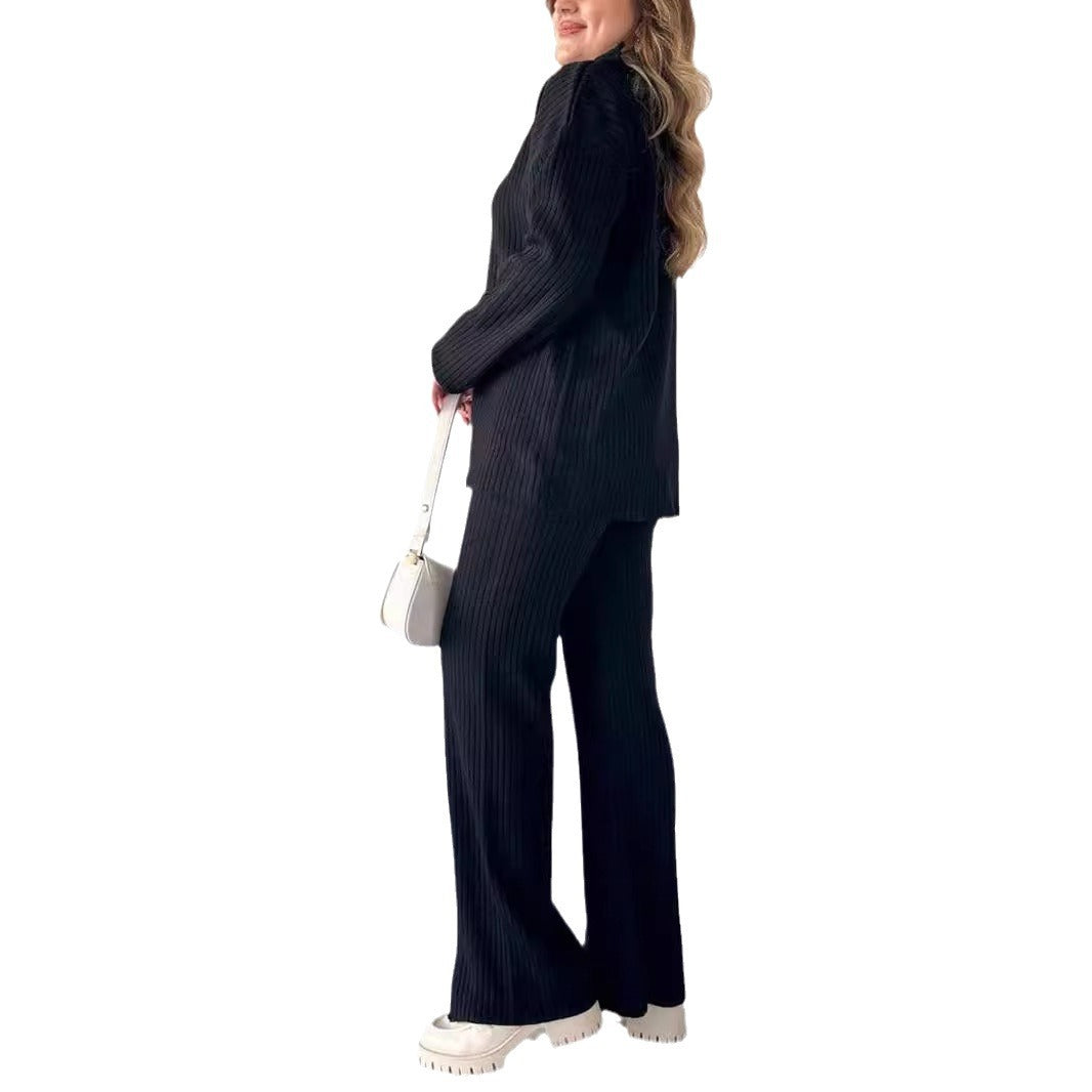 Women's Zipper Knitting High Neck Ribbing Home Suits