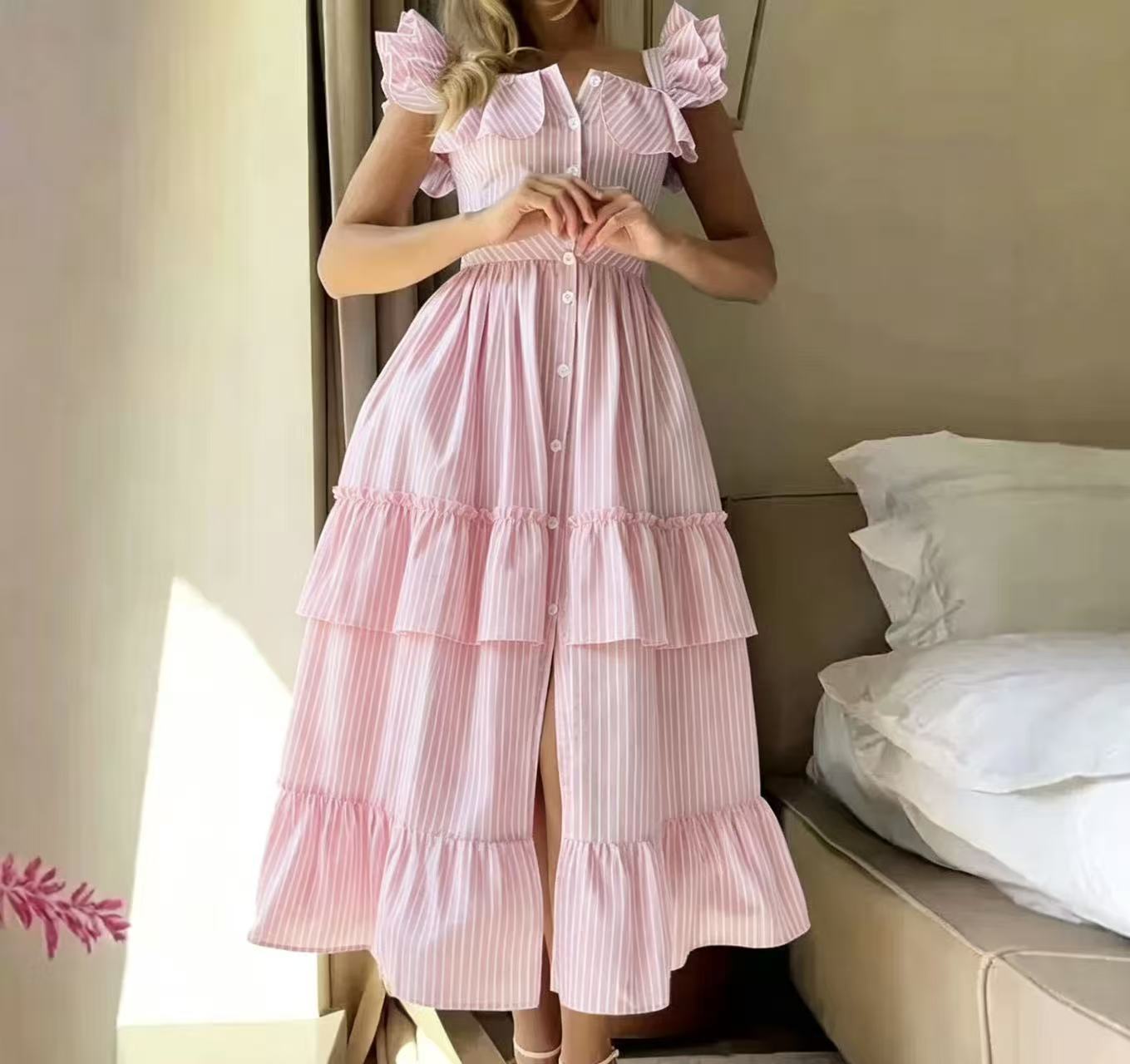 Flying Sleeves Striped Ruffled Long Summer Casual Dress