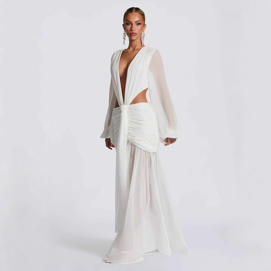 Women's Chiffon Dress Yarn Sleeve Sexy Backless Dresses