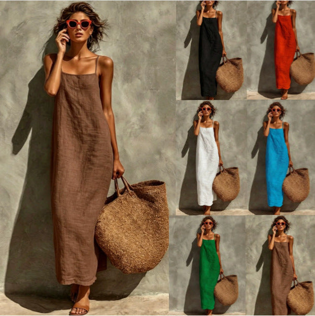 Women's Solid Color Sexy Retro Idle Style Cotton Linen Sleeveless Dress