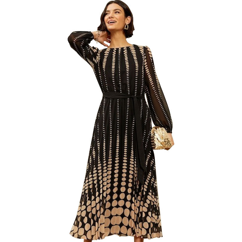 Women's Casual Long-sleeved Printed Pleated Fashion Large Dress