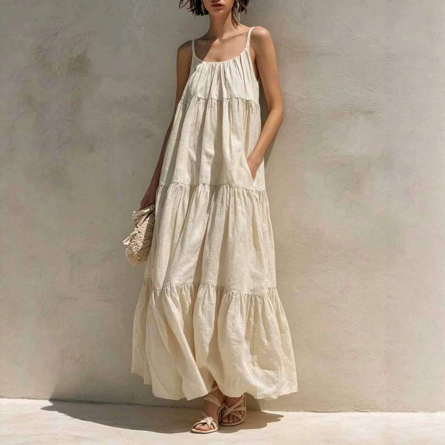 Summer Sleeveless Strap Elegant Stitching A- Dress
