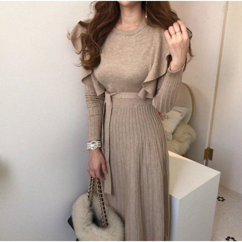 Attractive Elegant Ruffled Knitted Dress Mid-length Dresses