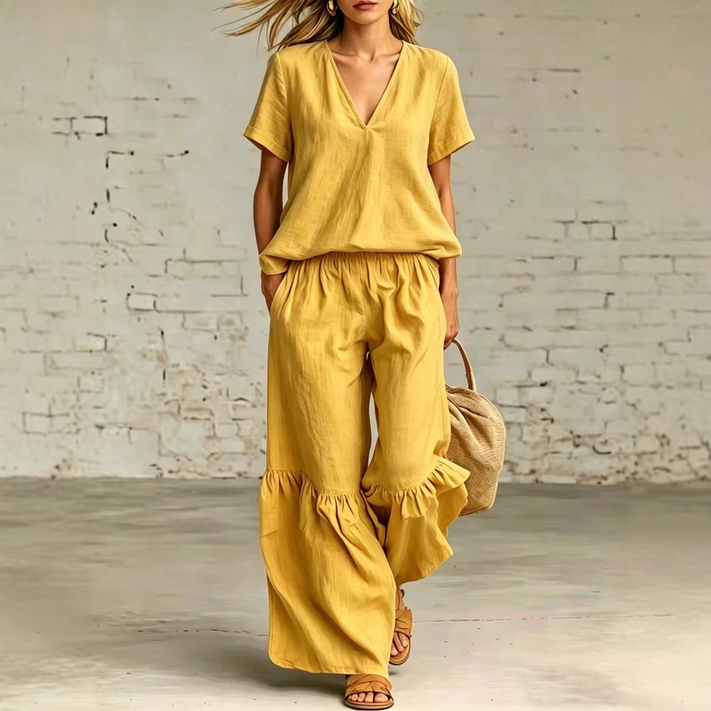 Women's Solid Color Loose Short-sleeved Trousers Two-piece Fashion Casual Suit