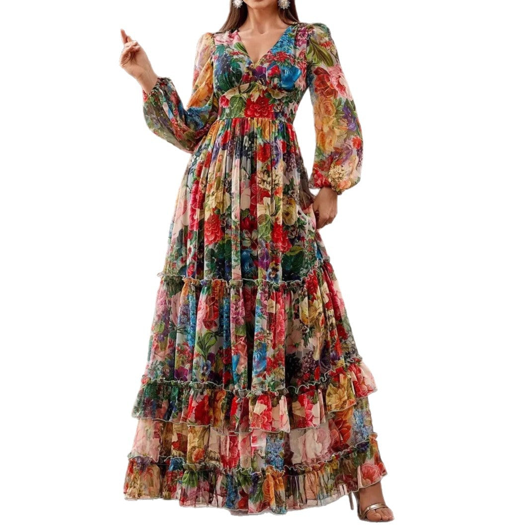 Style Retro Stand Collar Single-breasted Printed Wide Swing Dress