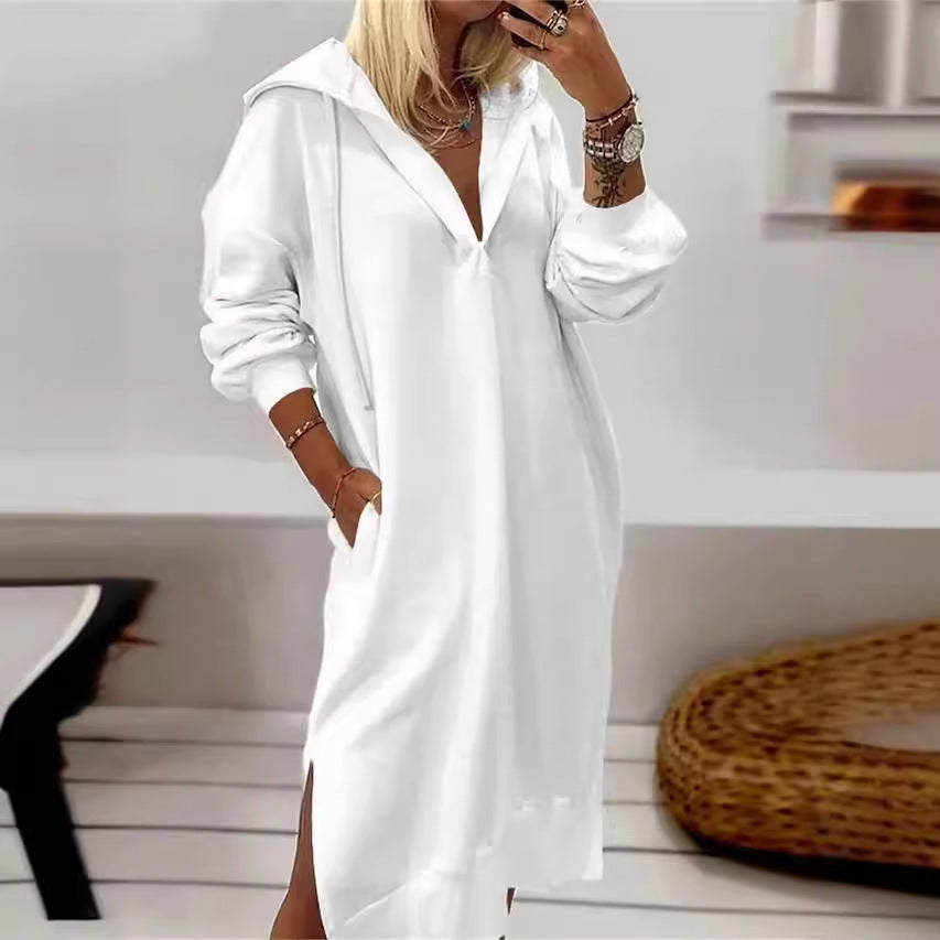 Women's Hoodie Solid Color Hem Split Hooded Dresses