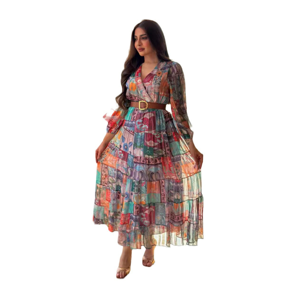 Women's Sexy Chiffon Printed Large Swing Belt Evening Dresses