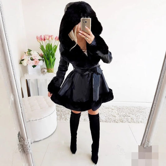 Women's Pure Color Belt Classic Style Fur Coats