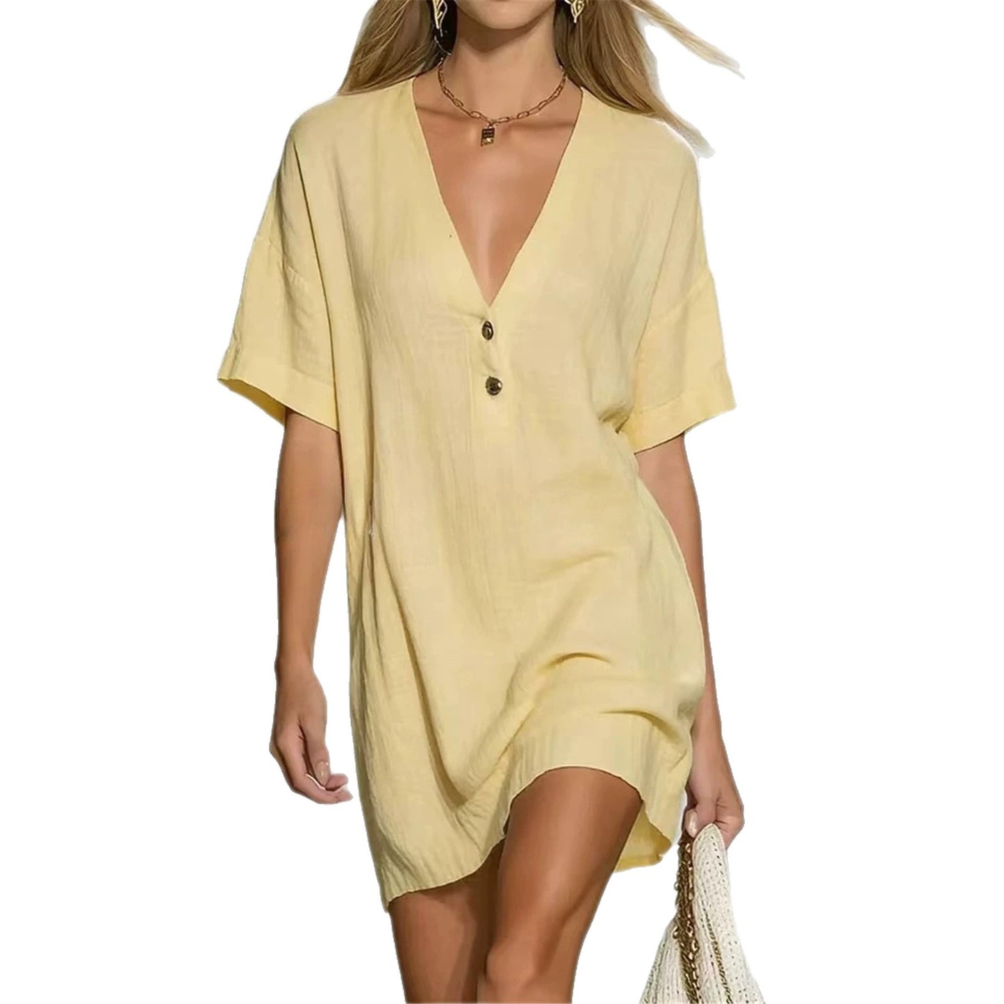 Women's Fashion Sleeve Solid Color Casual Button Dress