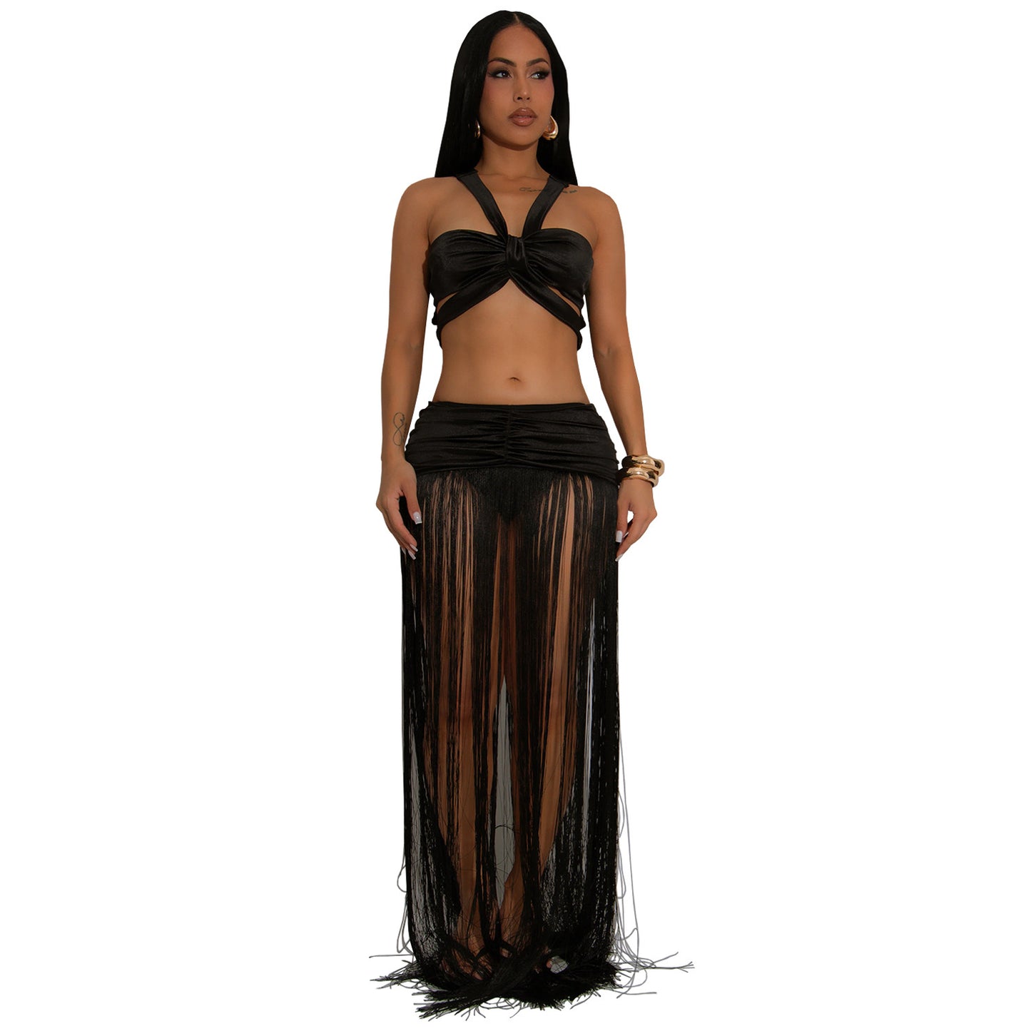Women's Fashion Wear Sexy Shoulder Strap Tassel Dress Suits