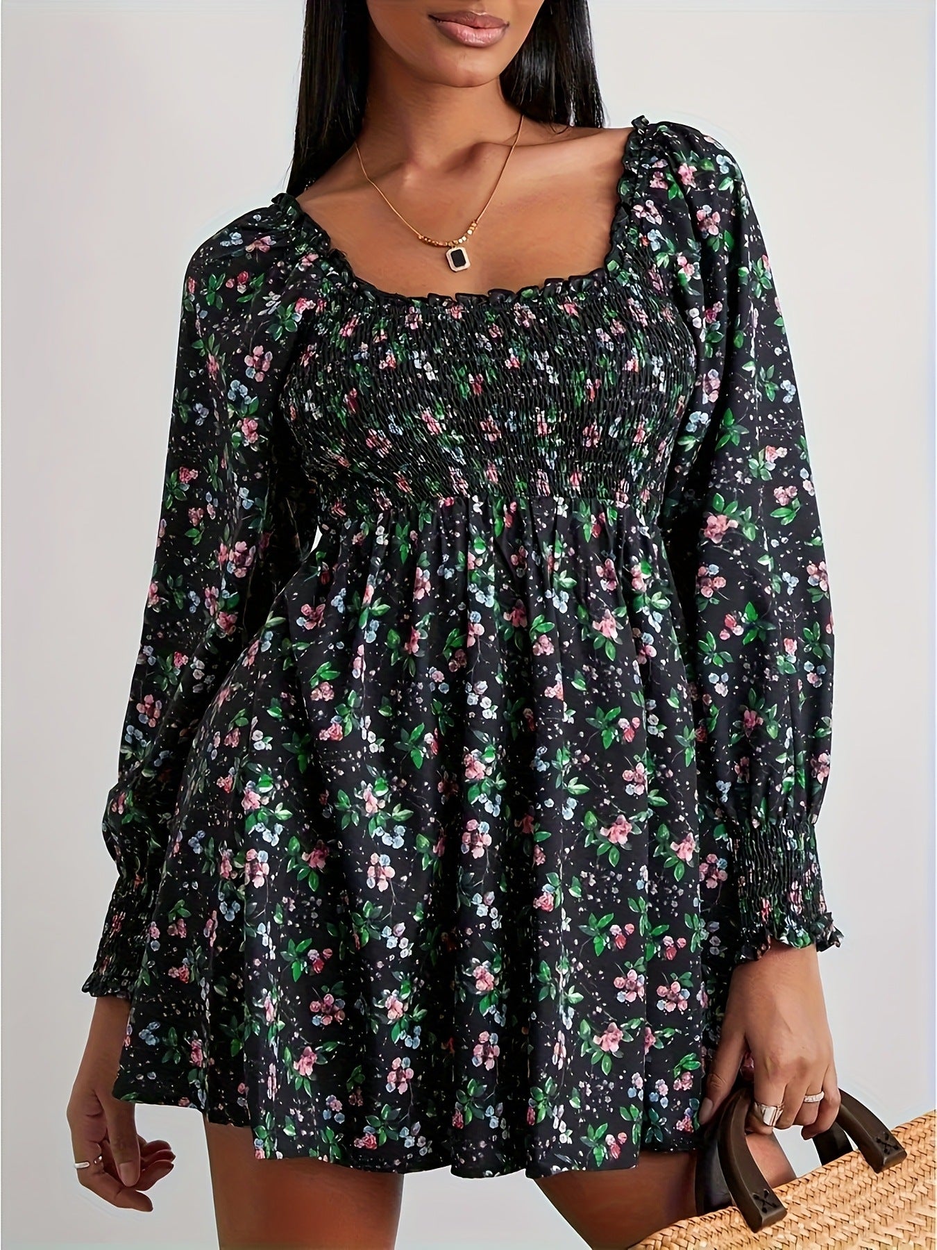 Women's Retro Lantern Long Sleeve Smocking Waist Trimming Dress