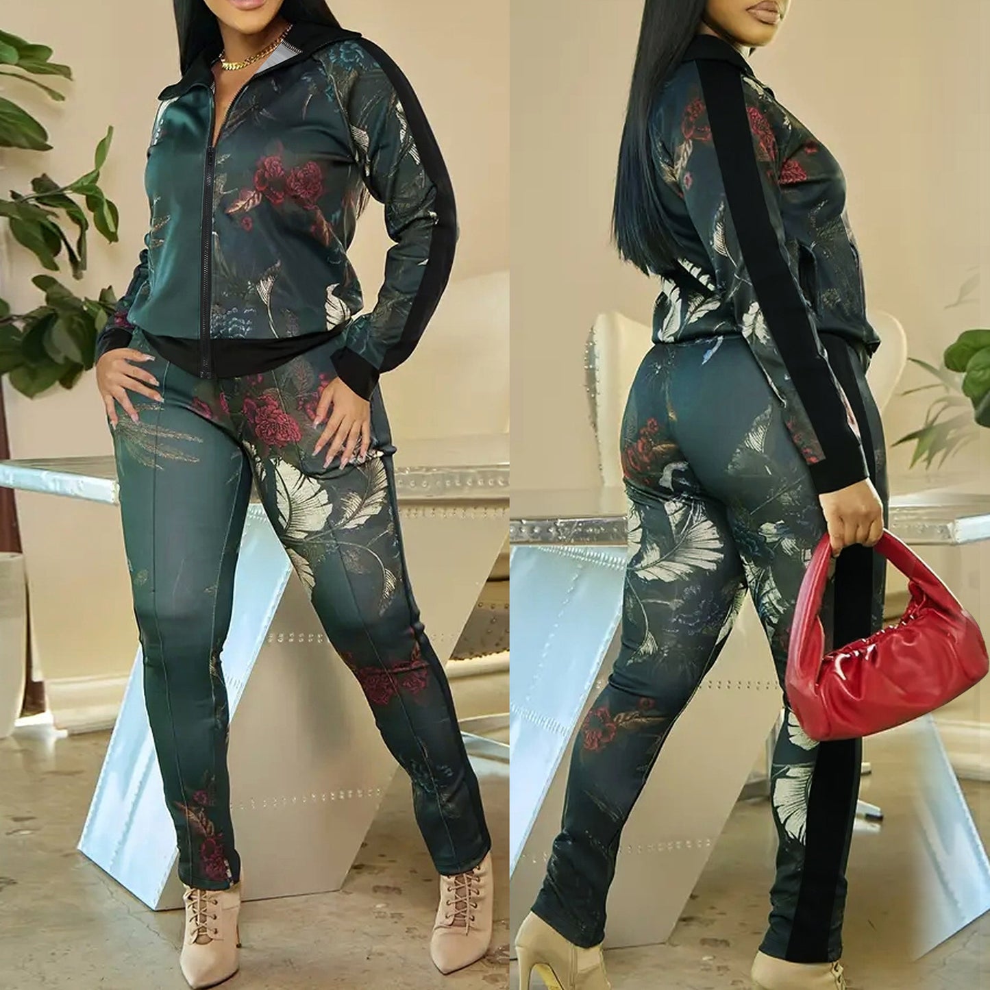 Women's Zipper Fly Collar Long Sleeves Trousers Suits