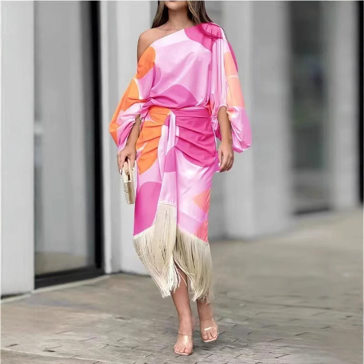 Summer Printed Lantern Sleeve Loose Tassel Tops