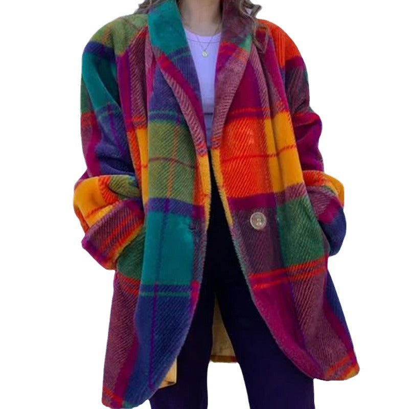 Refined Plaid Color Contrast Patchwork Lapel Coats