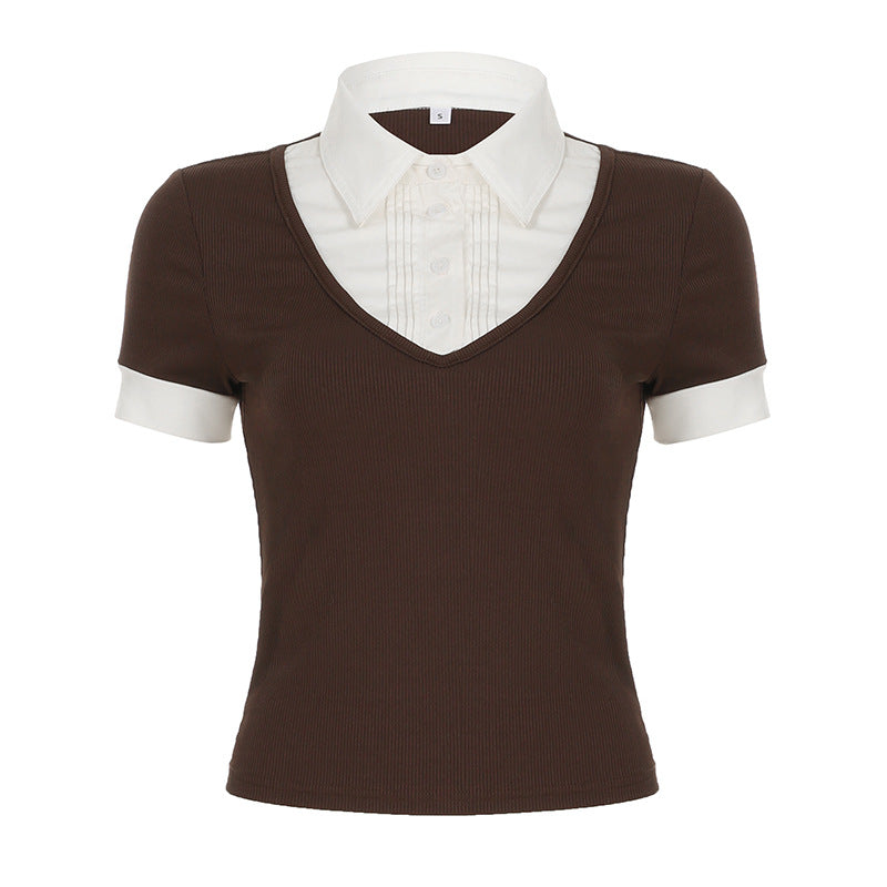 Fake Two Pieces Contrast Color Sleeve Girly Blouses