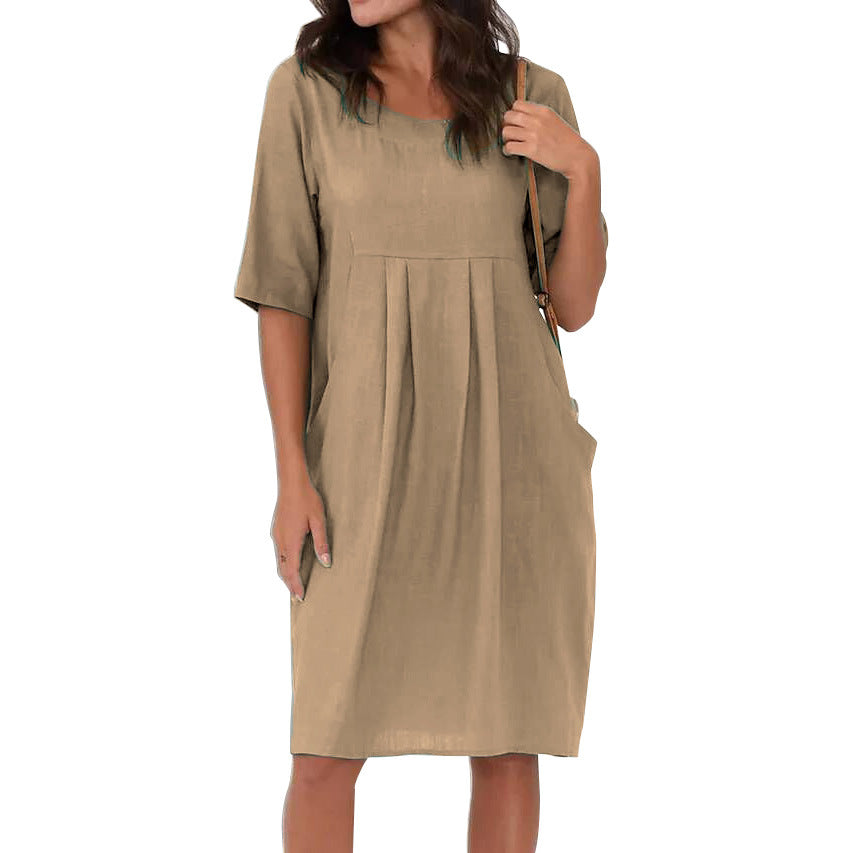 Women's Summer Cotton Linen Pleated Pocket Casual Loose Round Neck Dress