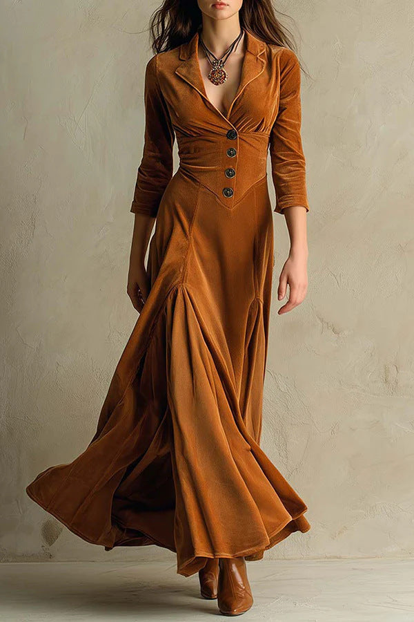 Women's Color Buttons Lapel Sleeve Maxi Waist Dress