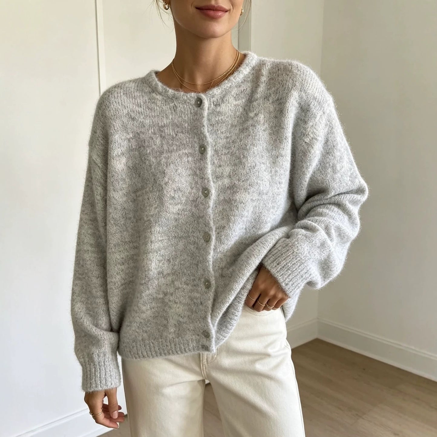 Women's Single-breasted Round Neck Soft Solid Color Furry Women's Sweater