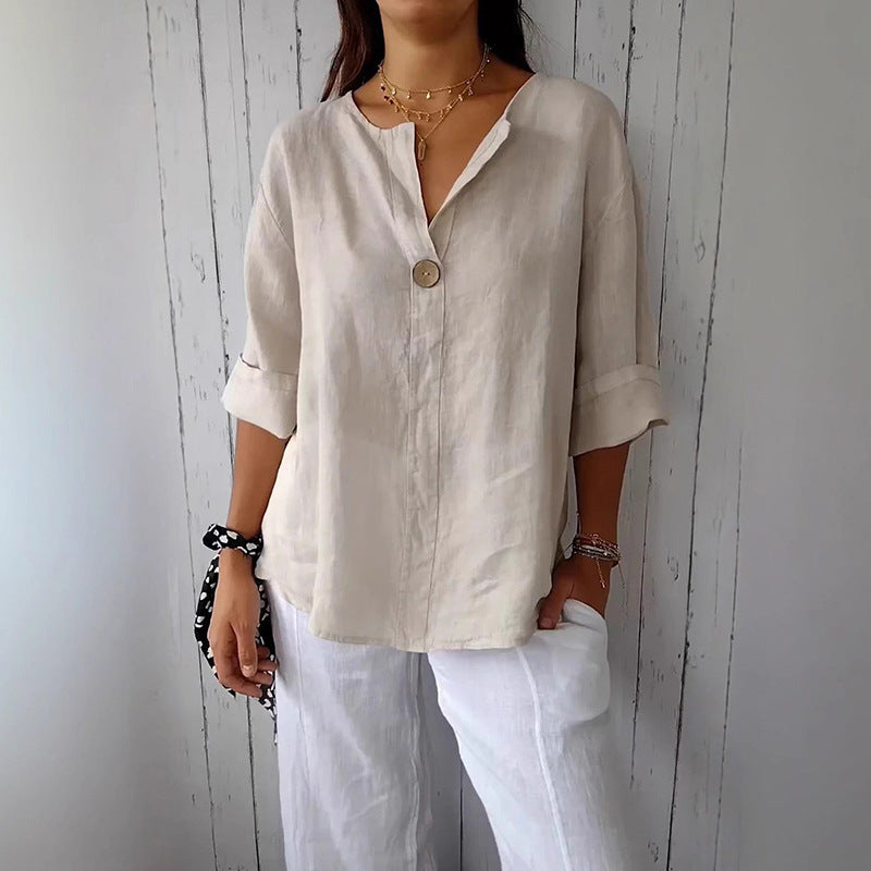 Women's Summer Loose T-shirt Cotton Linen Button Blouses