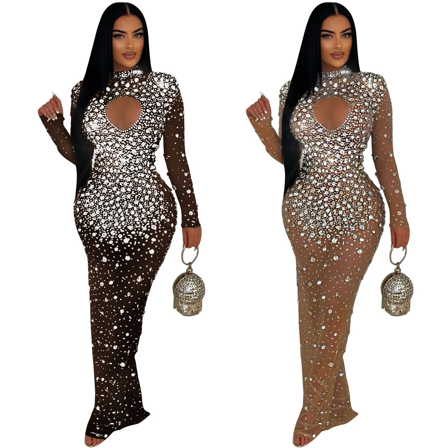 Women's Fashion Wear Round Neck Rhinestone Dress Dresses