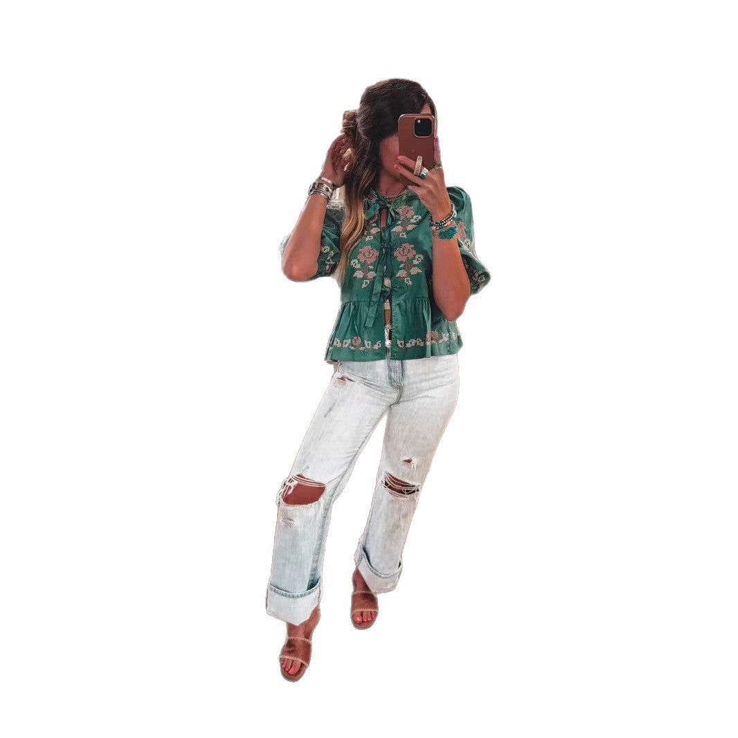 Women's Comfortable Russian Embroidered Short-sleeved Shirt Tops