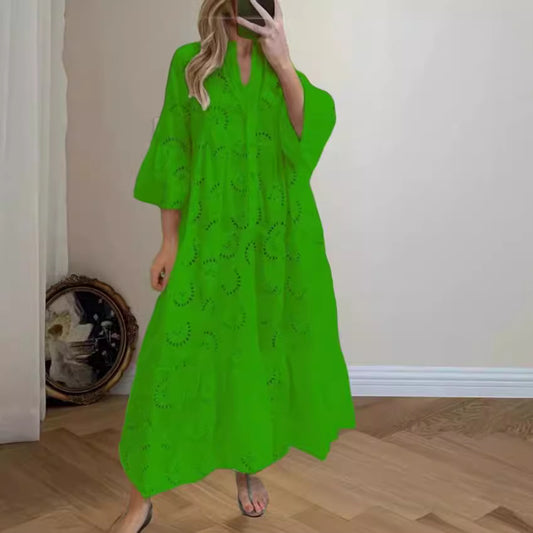 Women's Elegant Puff Sleeve Solid Color Hollow Loose Dresses