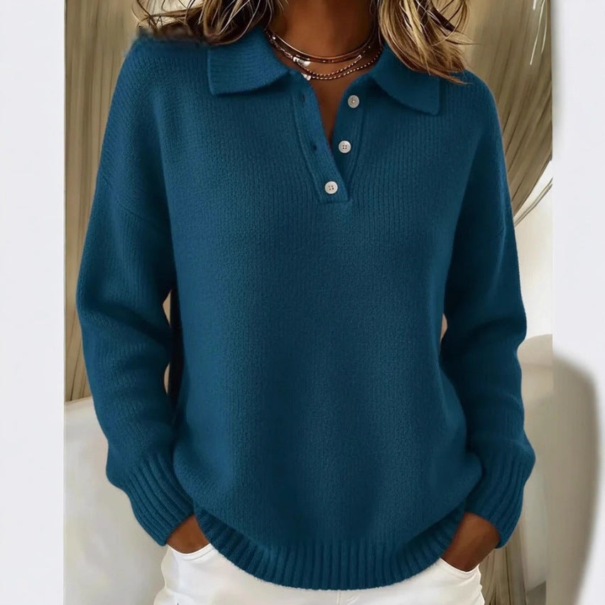 Women's Loose Lazy Style Soft Glutinous Polo For Long Sleeve Button Sweater