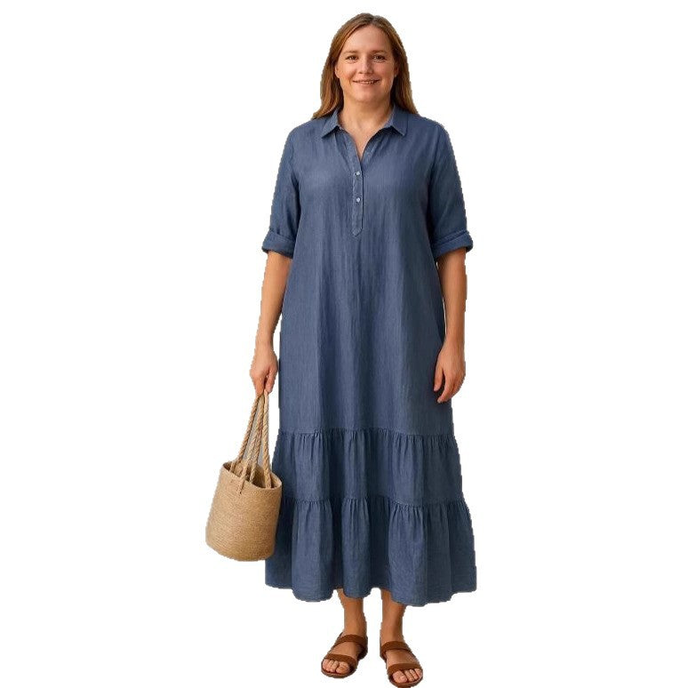 Long Irregular Shirt Collar Button Casual Dress