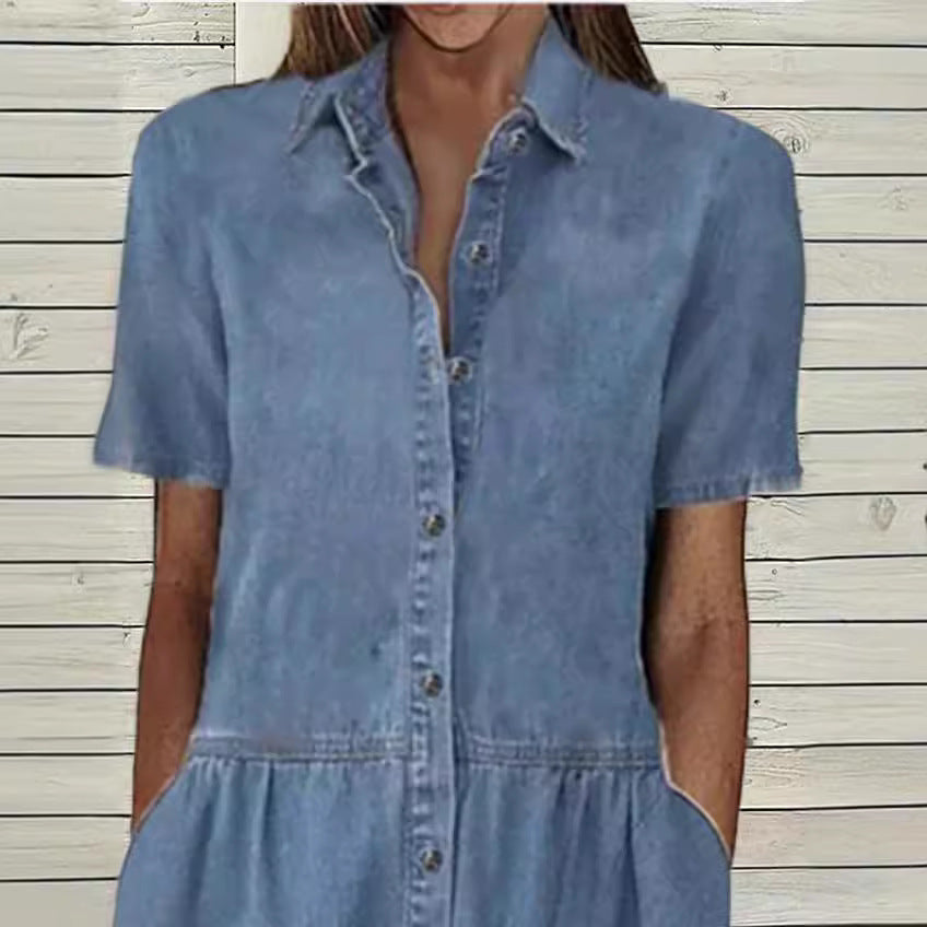 Spring Collar Casual Denim Sleeve Dress Shorts