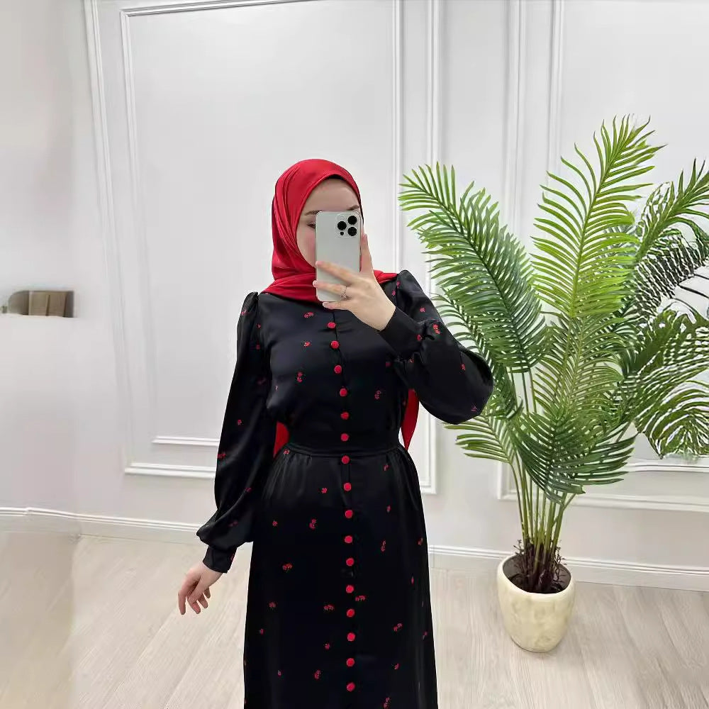 Women's Dress Muslim Style Fashion Print Belt Dresses