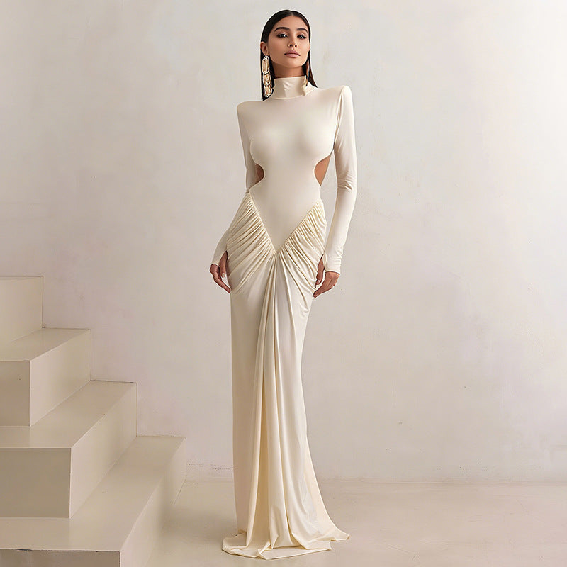 Women's Color Turtleneck Long Sleeve Pleated Backless Slim Dress