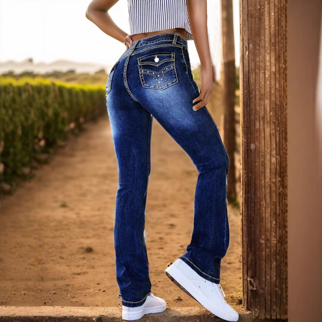 Women's Pocket Low Waist Slimming Denim Trousers Jeans