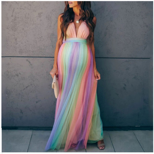 Women's Cotton Stitching Mesh Trailing Sleeve Long Dresses