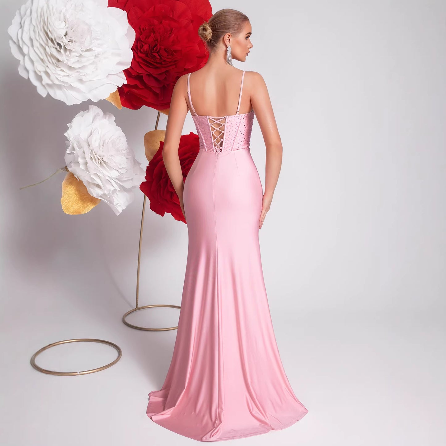 Pink Sling Fishbone Light Luxury Rhinestone Waist Slit Fishtail Dress