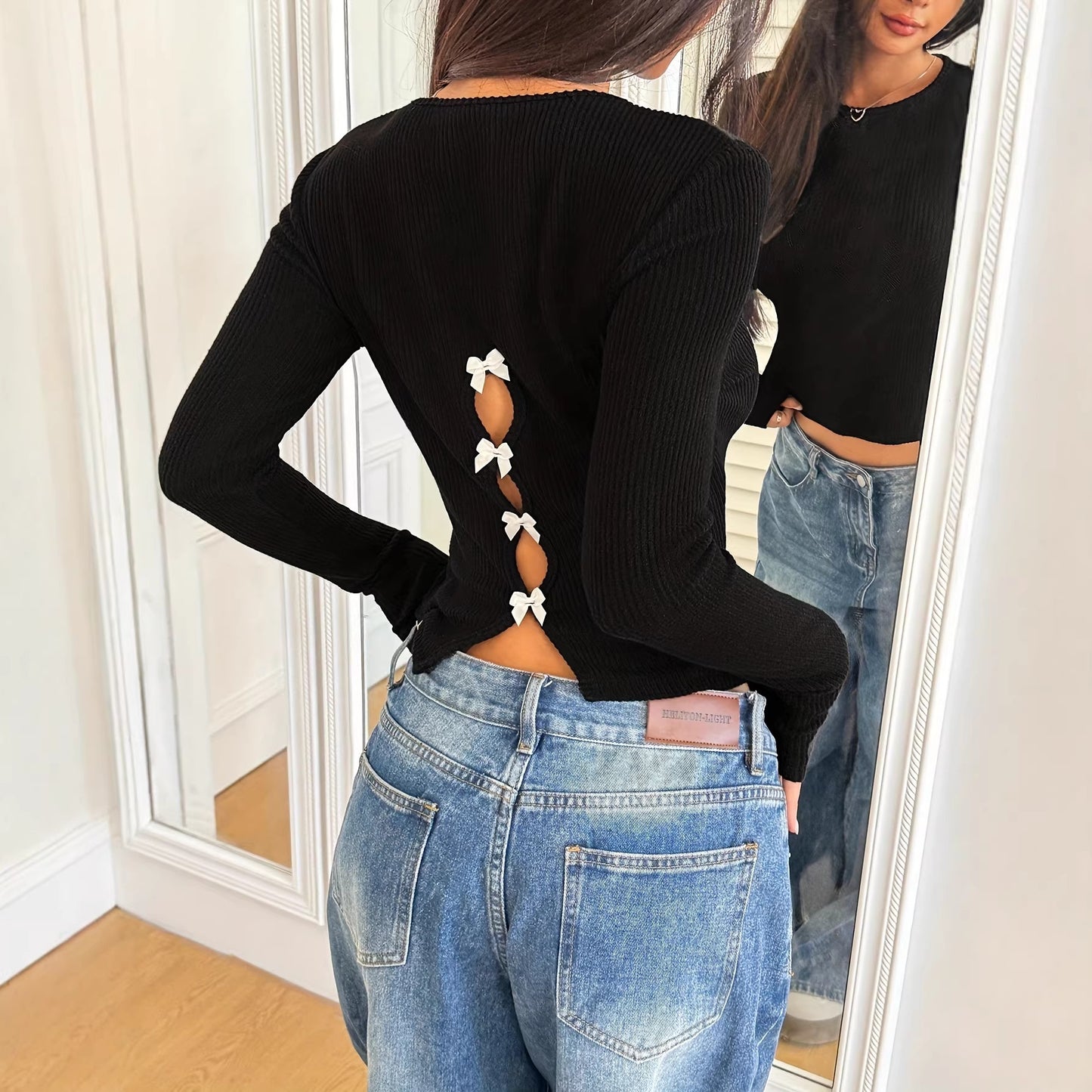 Women's Bow Hollow Slim Fit Slimming Long Sleeve Ribbing Bottoming Tops