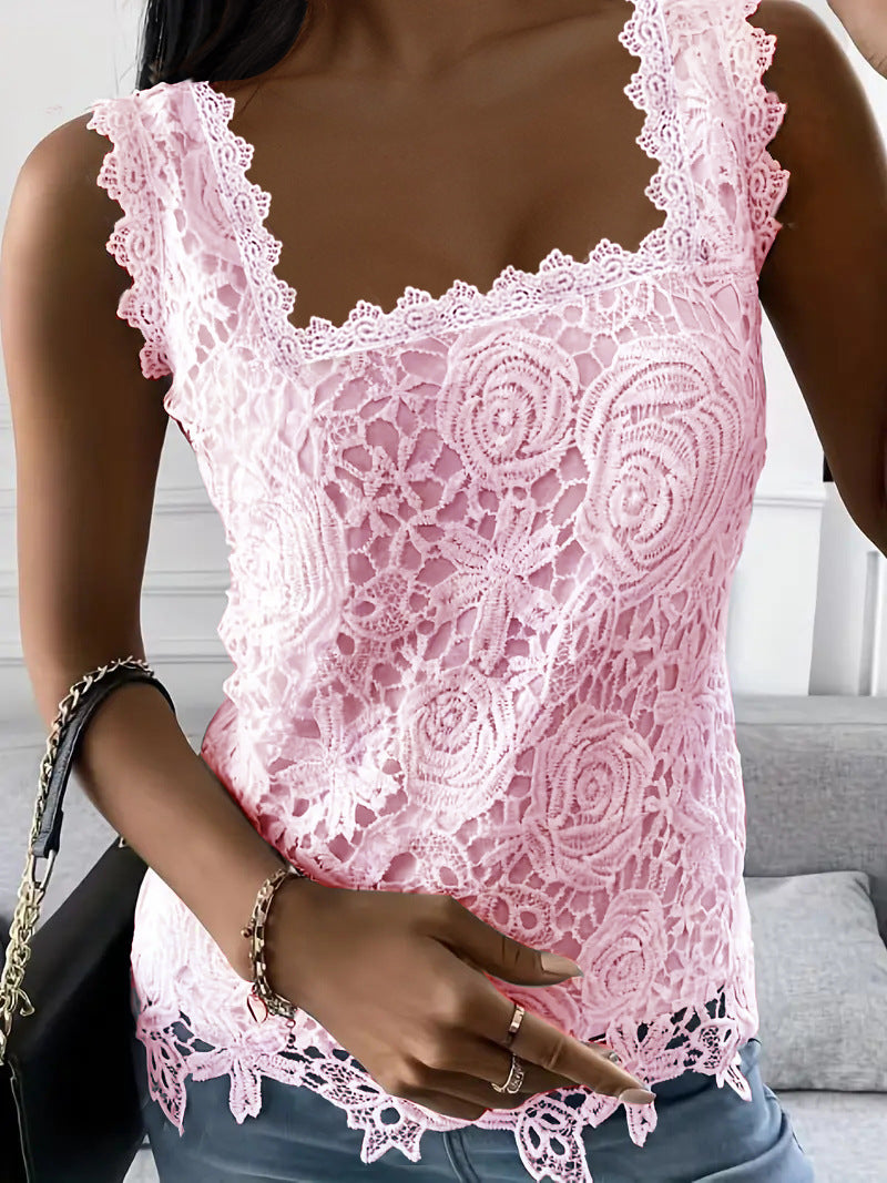 Summer Square Collar Lace Sleeveless T-shirt Blouses