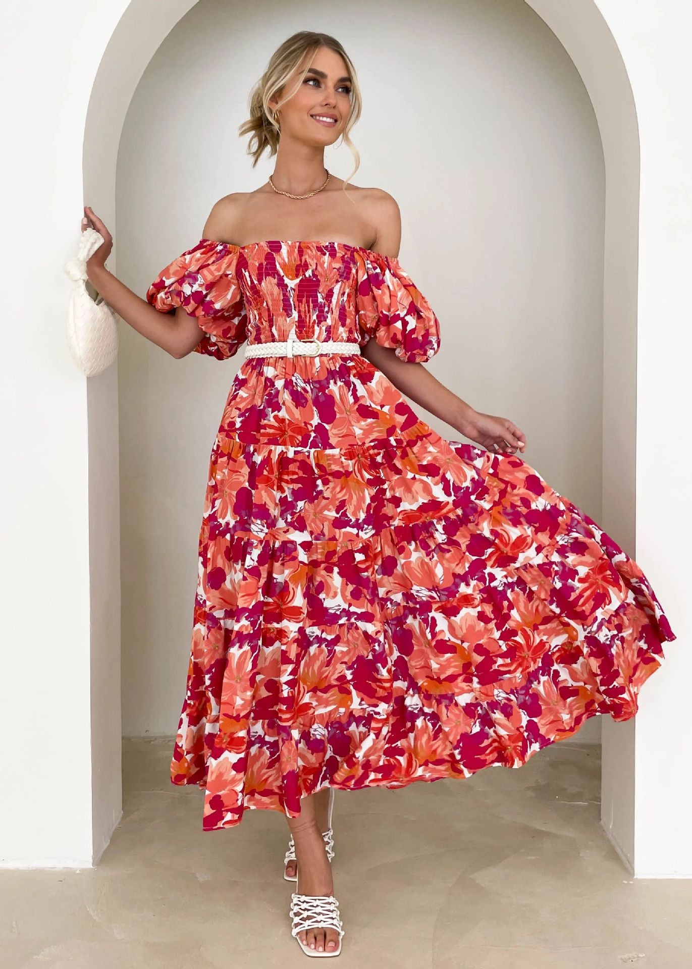 Women's Summer Puff Sleeve Holiday Slim Looking Long Dress Hot Dresses