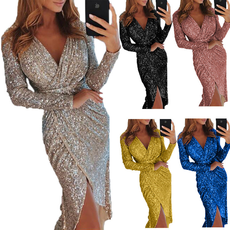 Women's Gilding Long-sleeved Shiny For Dinner Sexy Dress