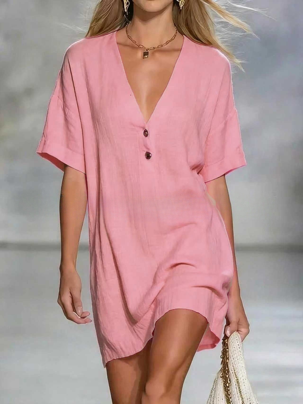 Summer Casual Comfortable Button Cotton Linen Dress