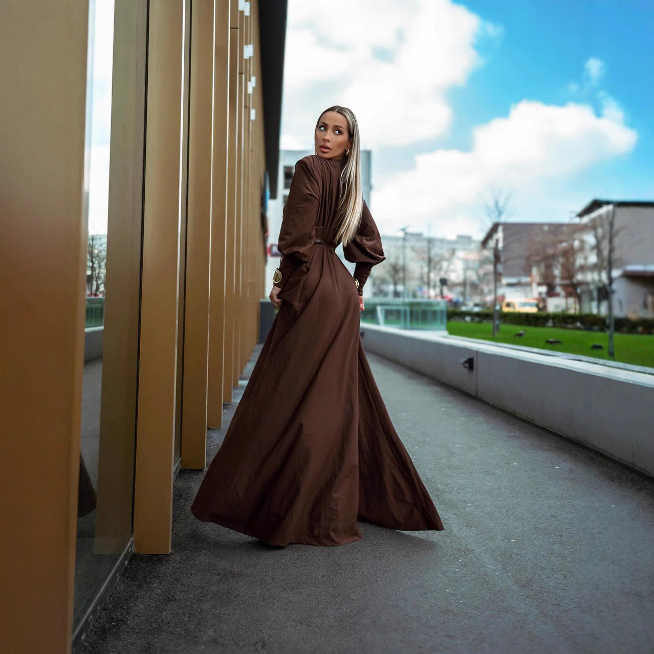 Women's Design Sense Waist Seal Pleated French Coffee Color Long Clothing