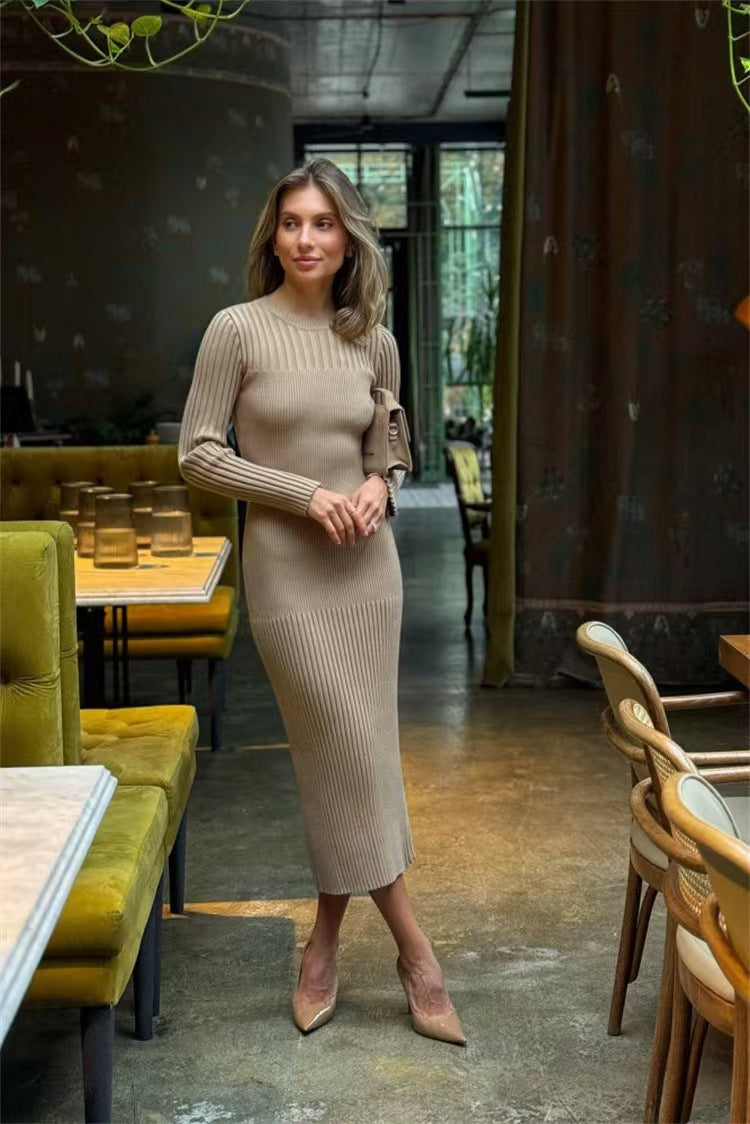 Women's Long Sleeve Dress Knitted Round Neck Sunken Stripe Dresses