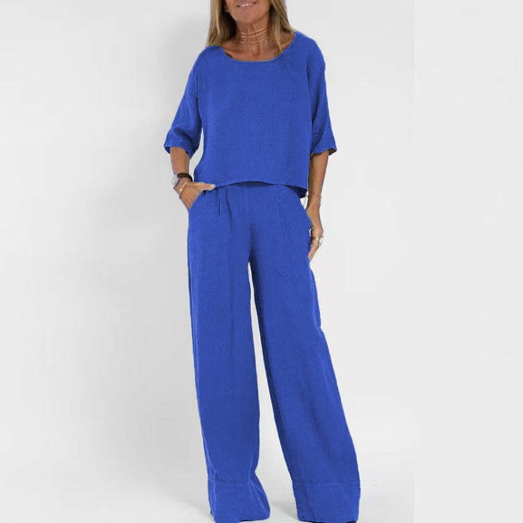 Women's Pocket Trousers Beach Sleeve Pullover Cotton Linen Solid Color Two Fashion Casual Suit