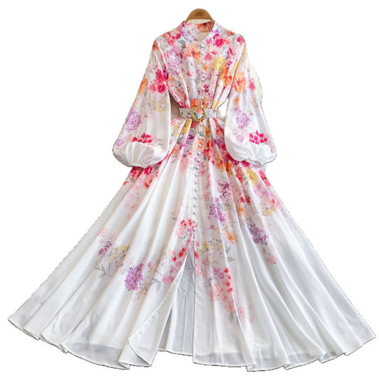 Women's Lantern Long Sleeve Single-breasted Printed Dress Dresses