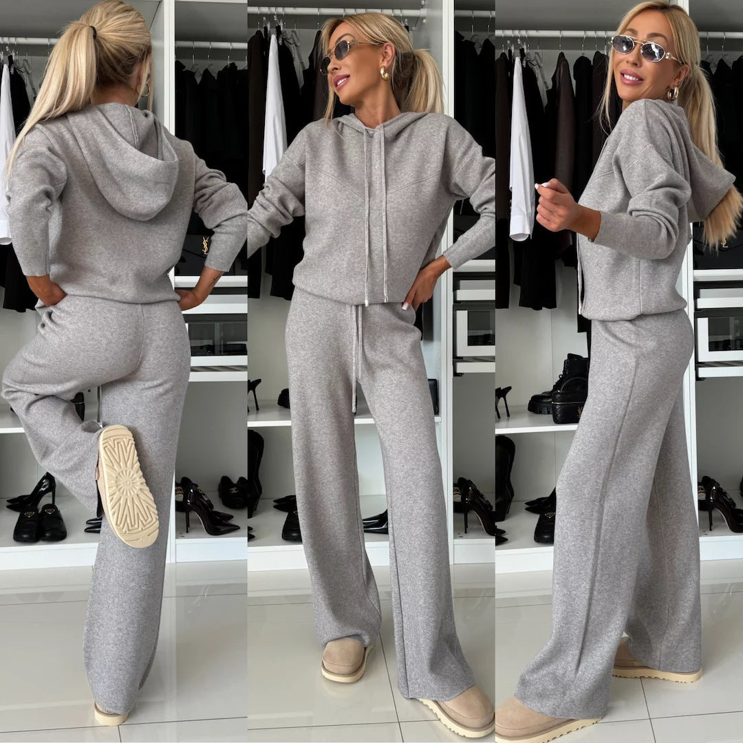 Women's Casual Solid Color Hooded Long Sleeve Lace Wide Leg Suits