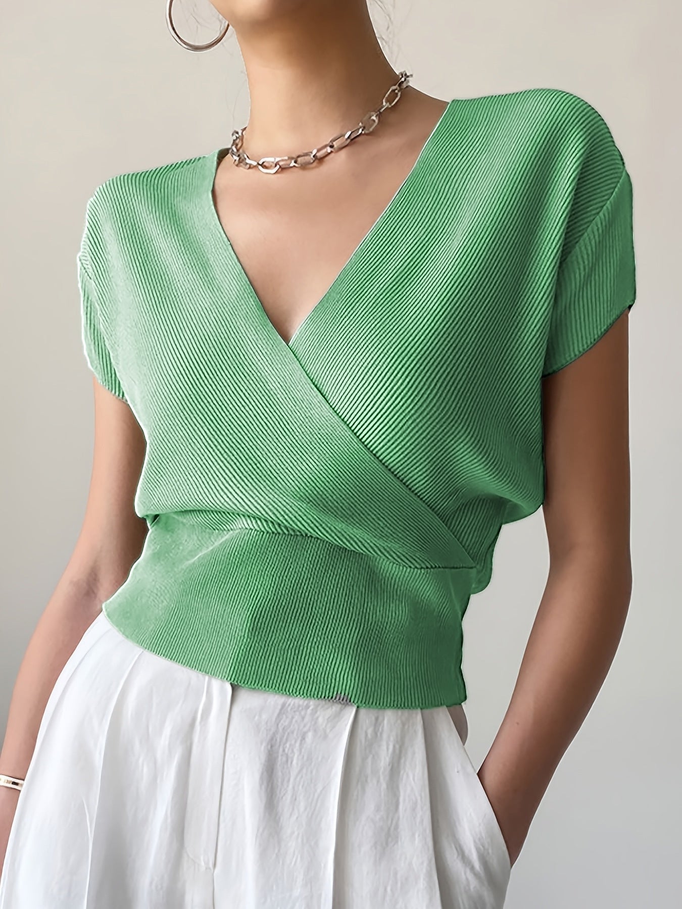 Women's Color With Cross Collar On Both Sides Easy Matching Waisted Women's Sweater