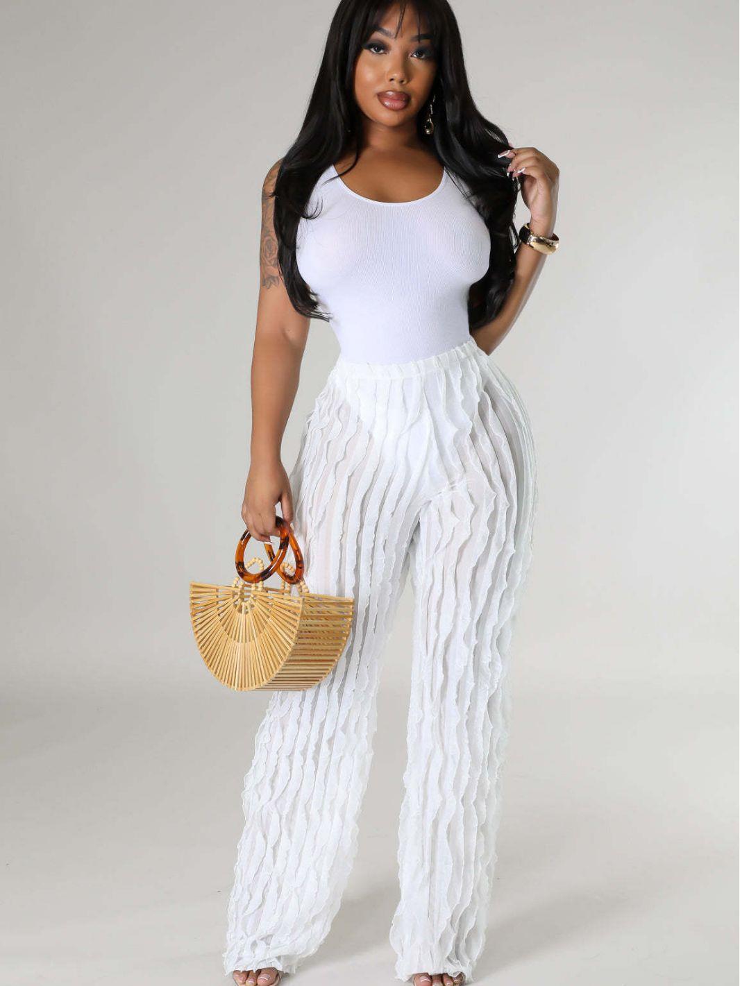 Women's Mesh Wavy Ruffled Loose High Waist Pants