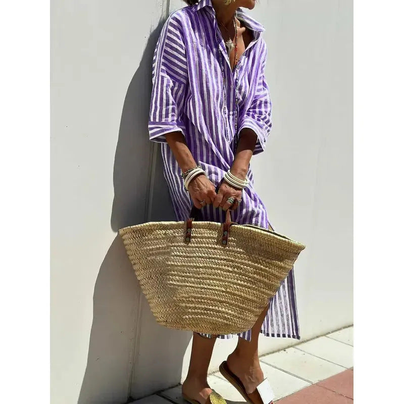 Women's Half Sleeve Striped Lapel Shirt Mid-length Dress