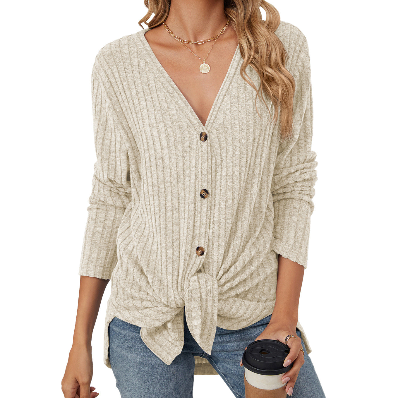 Women's Solid Color Long Sleeve Button Knitted Emerized Women's Sweater