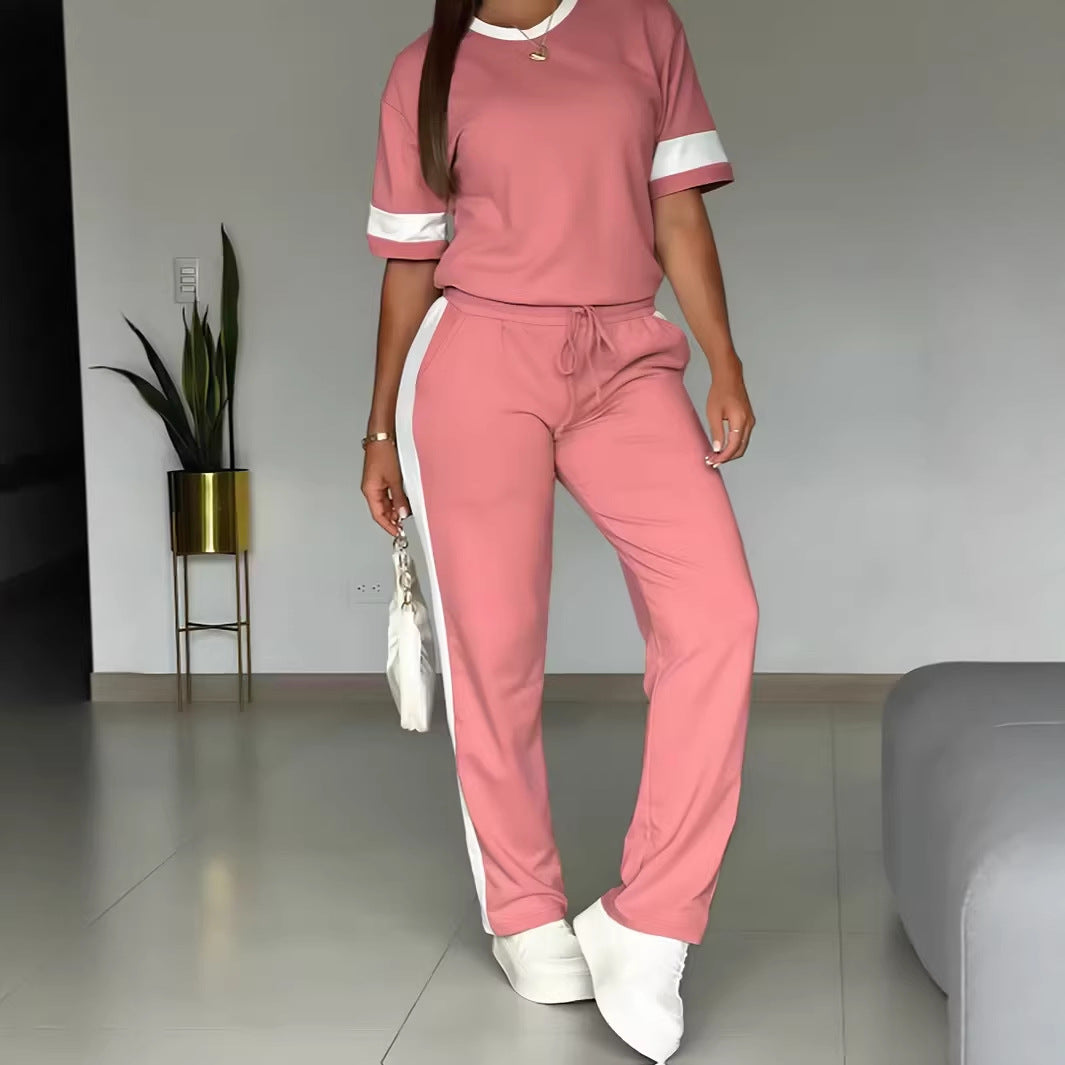Women's Short-sleeved Side Striped Contrast Color Two-piece Fashion Casual Suit
