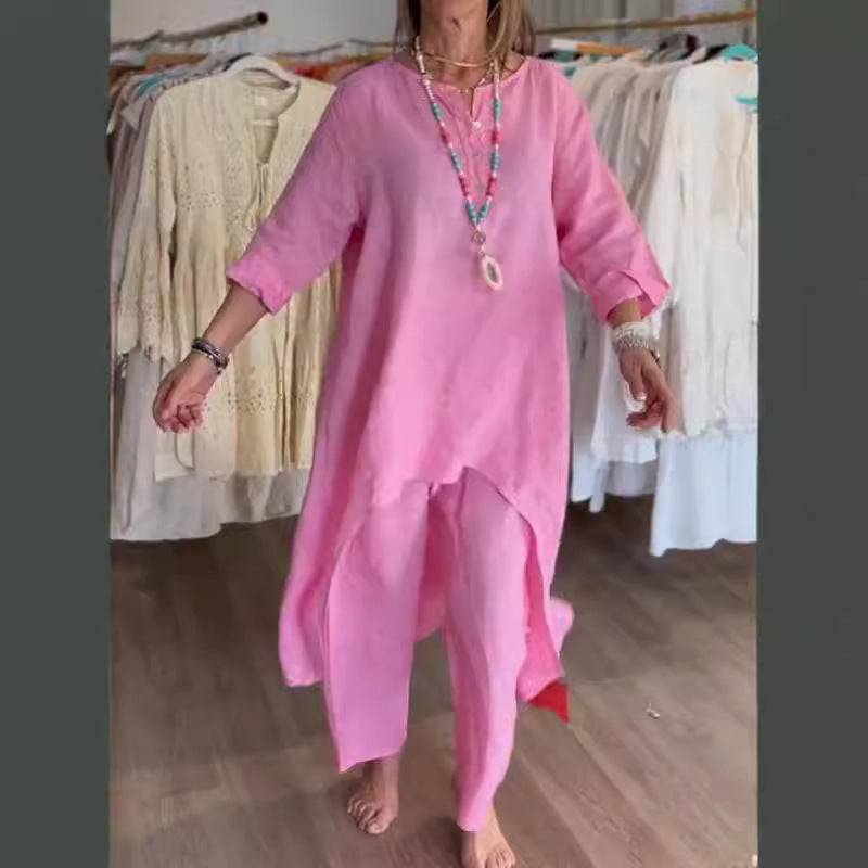 Women's Fashion Cotton Linen Casual Long Shirt Wide Suits